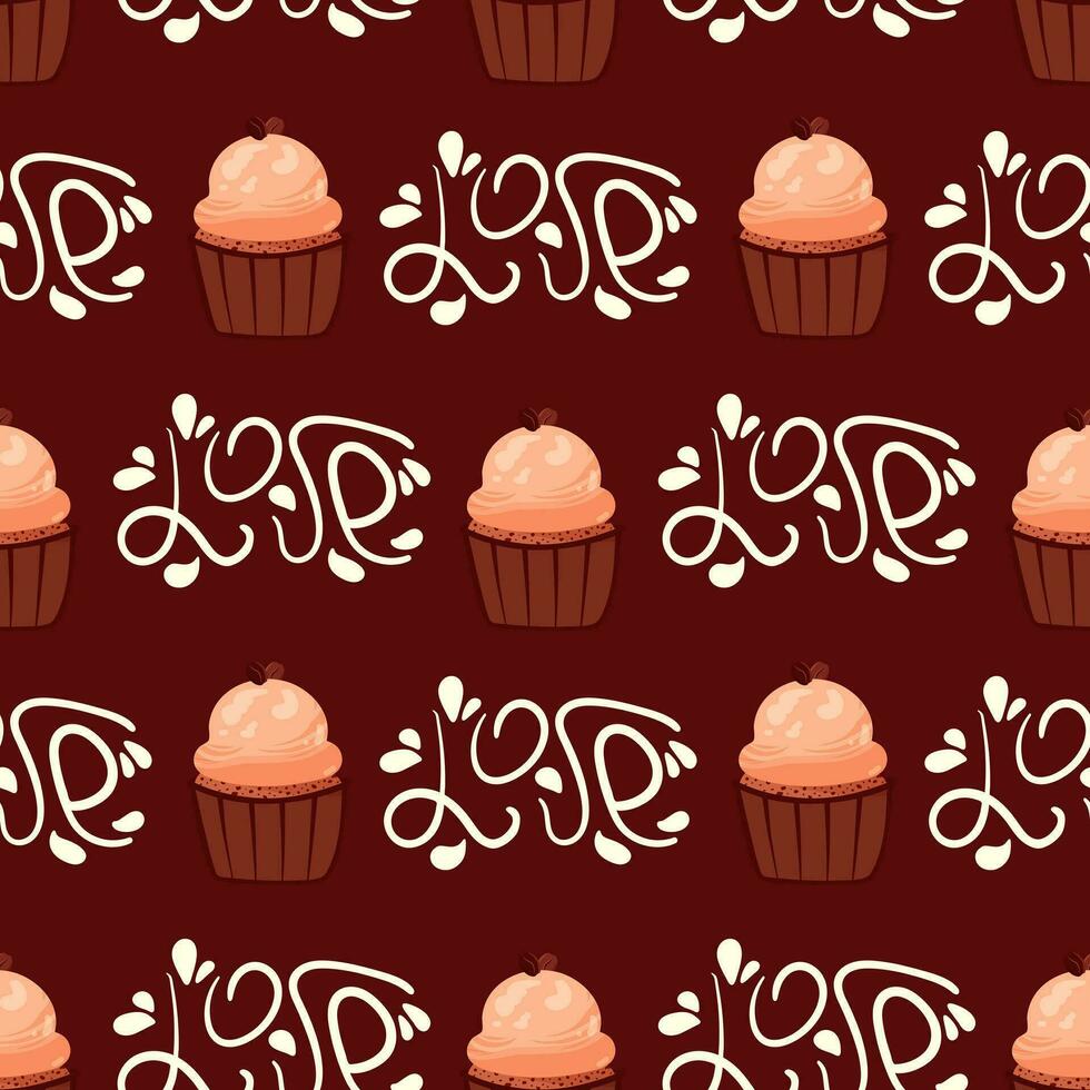 Seamless symmetrical pattern with coffee cupcakes and lettering love on brown background. Cute cupcake and lettering pattern for wrapping paper, coffee shops, bakeries and restaurants vector