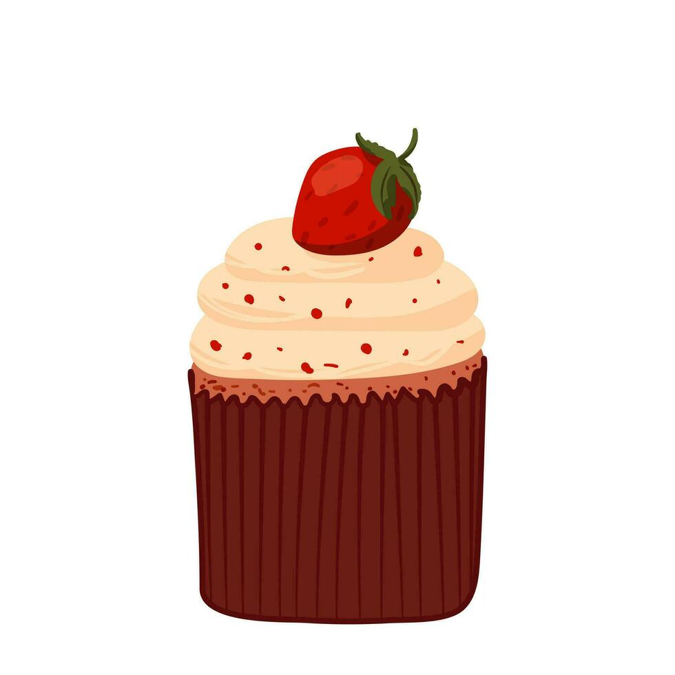 Strawberry cupcake. Food illustration for a website, coffee shop, bakery, banner, printing on business cards and stickers. Delicious cupcake in cartoon style vector