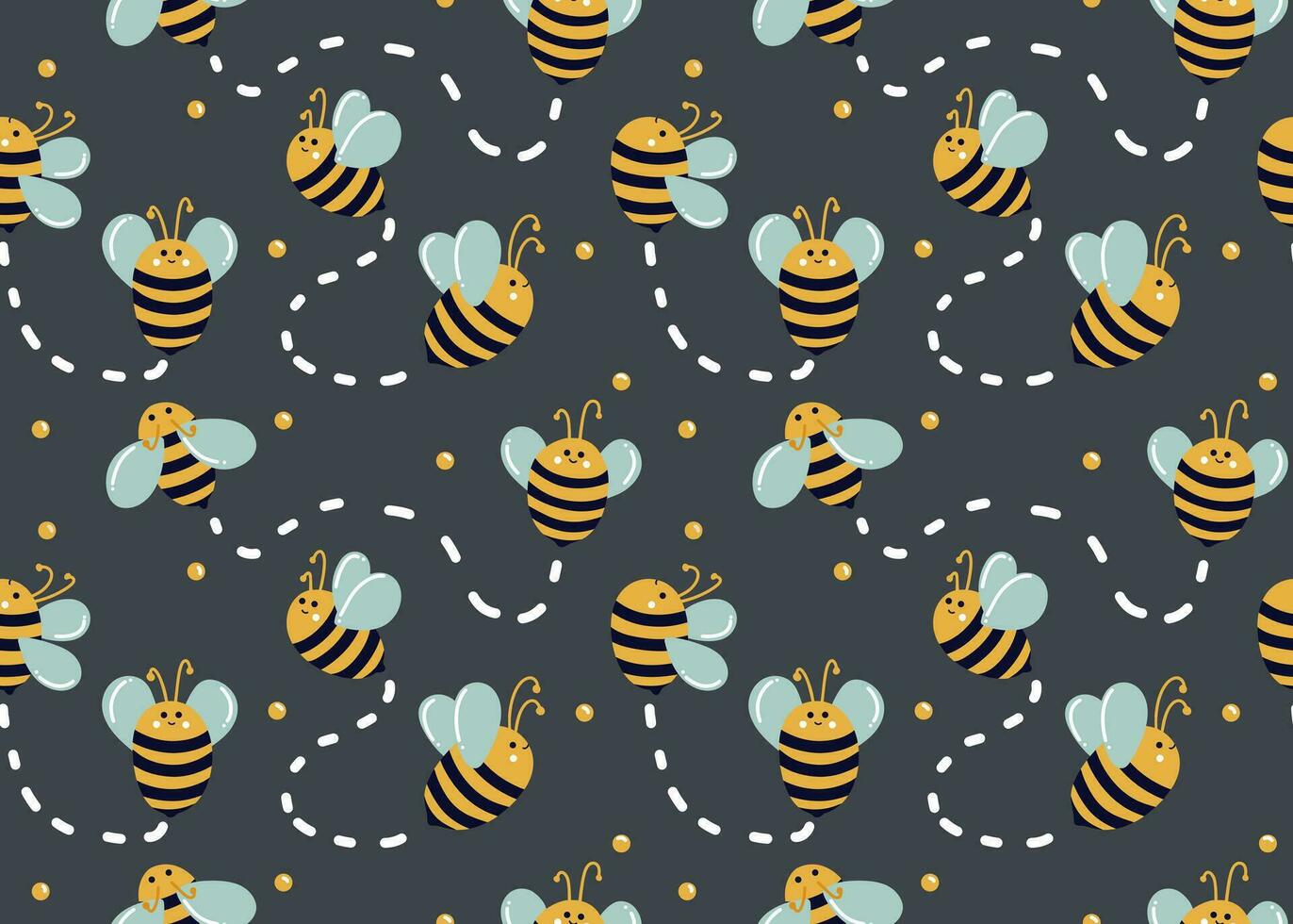Bees move in different directions on blue background with honey droplets and lines of movement. Cute bees. Seamless bee pattern for kids. Summer pattern for fabrics, bed linen, decor vector