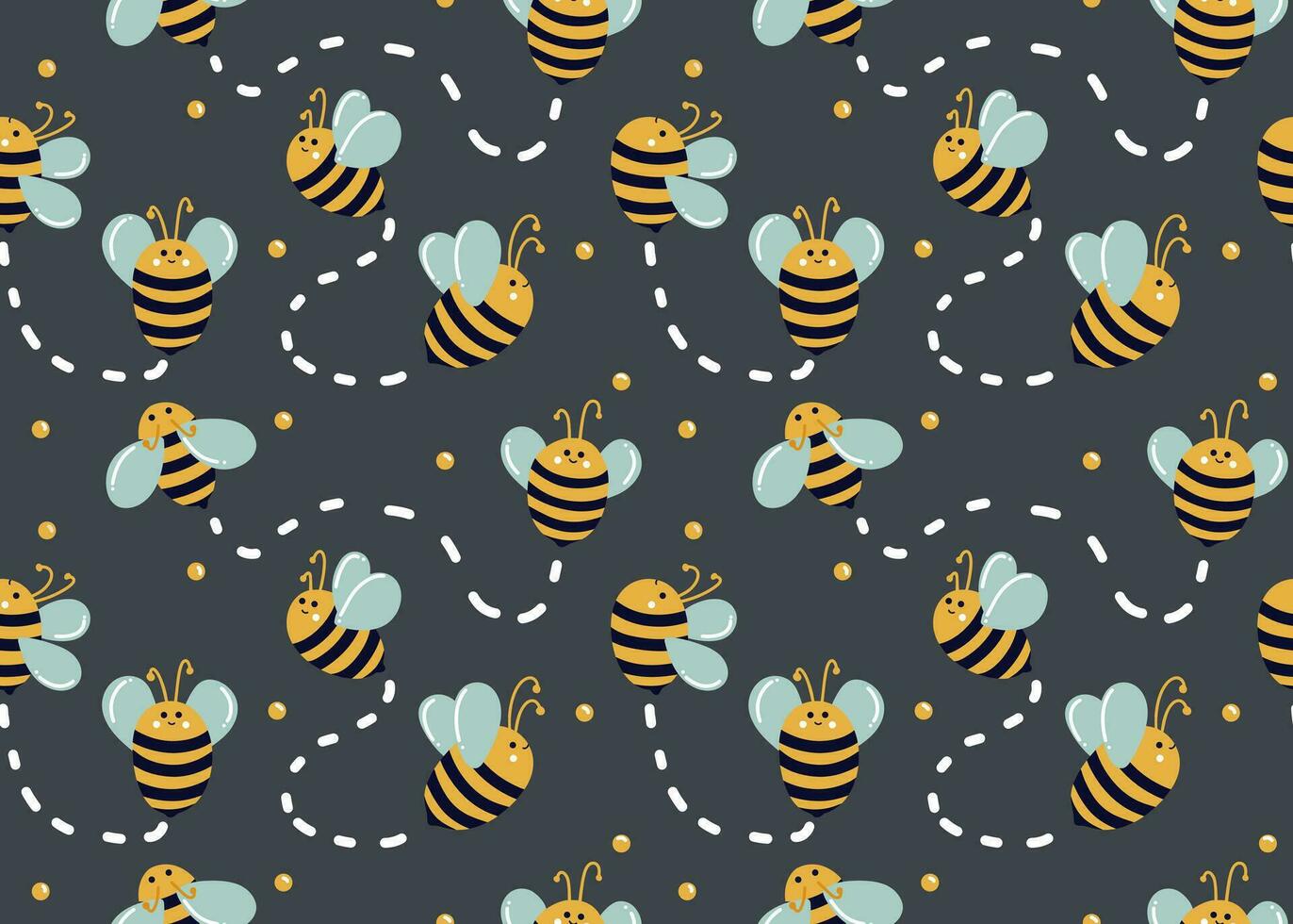Bees move in different directions on blue background with honey droplets and lines of movement. Cute bees. Seamless bee pattern for kids. Summer pattern for fabrics, bed linen, decor vector