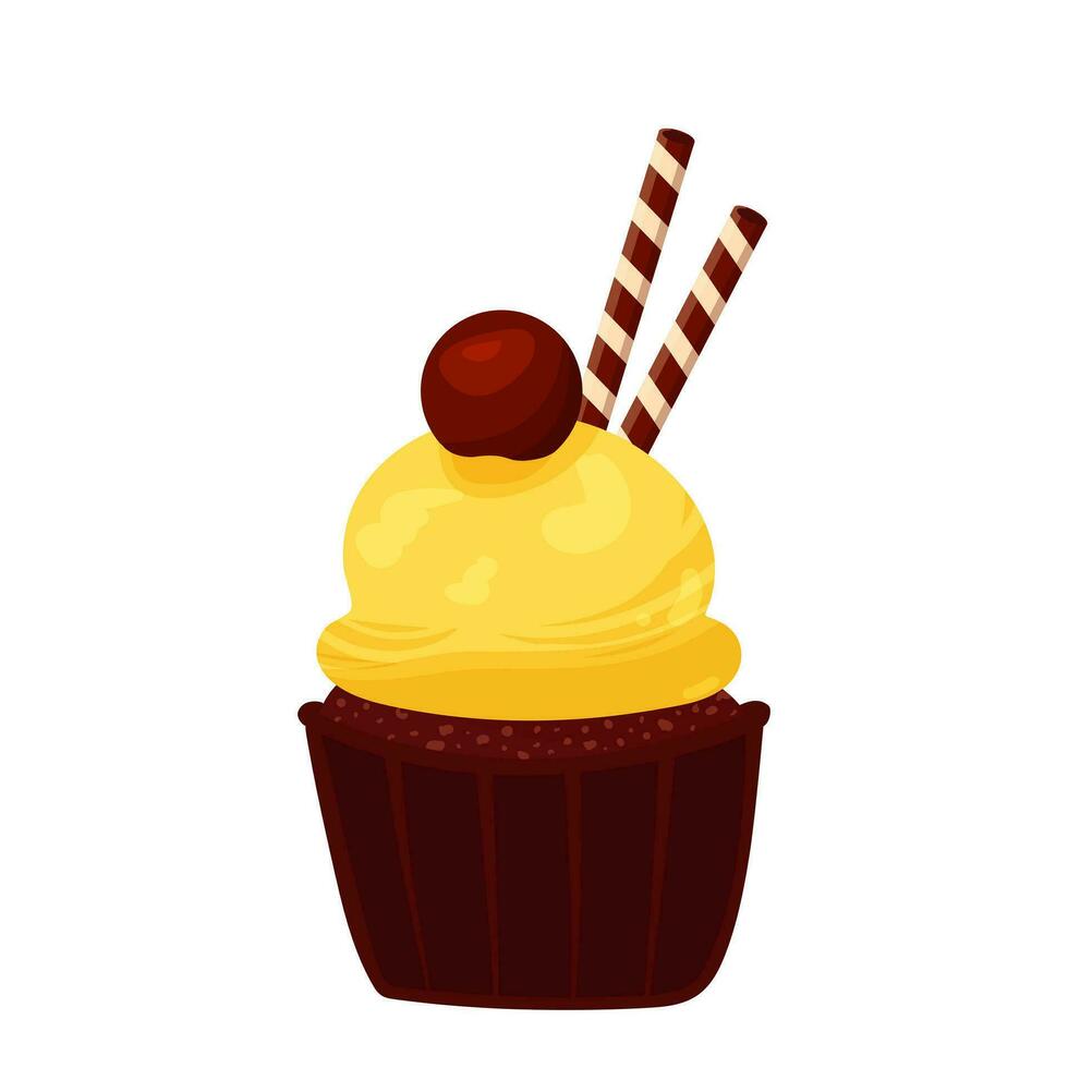 Lemon cupcake with waffle rolls and chocolate candy. Food illustration delicious Cupcake for coffee shop, bakery, cafe Print on banner, sticker, for website vector