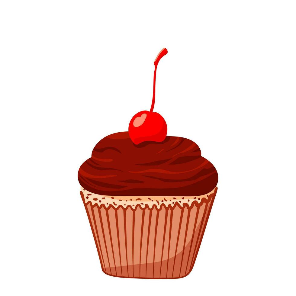 Cupcake with red cherry. Food illustration of delicious cupcake for coffee shop, bakery, cafe. Printing on a banner, sticker, for website vector