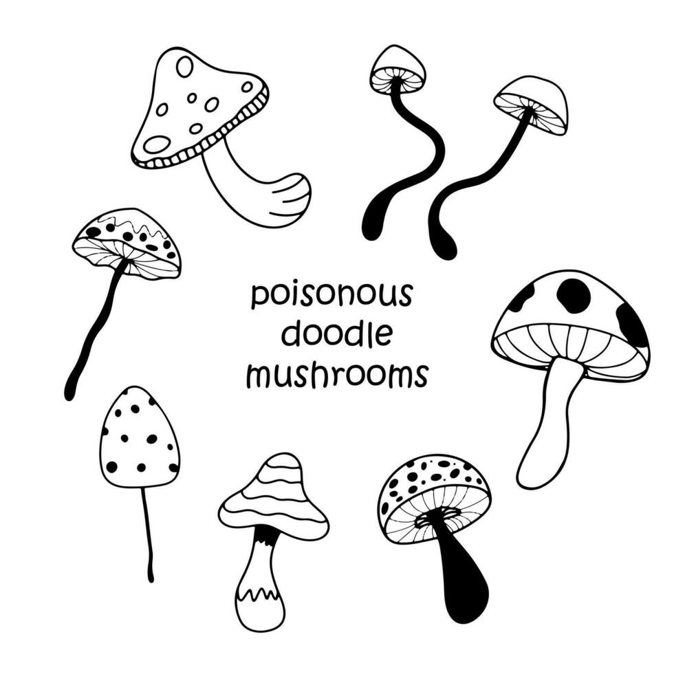 Set of poisonous mushrooms in the doodle style isolated on white background in round composition. Poisonous mushrooms for educational resources. Children's books. Decorative element for clothes vector