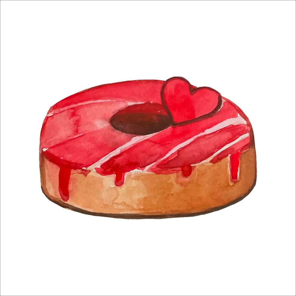 Hand drawn watercolor red donut with heart vector