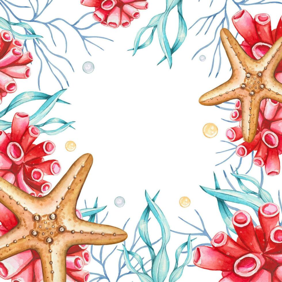 Sea frame with watercolor starfish, algae, corals vector