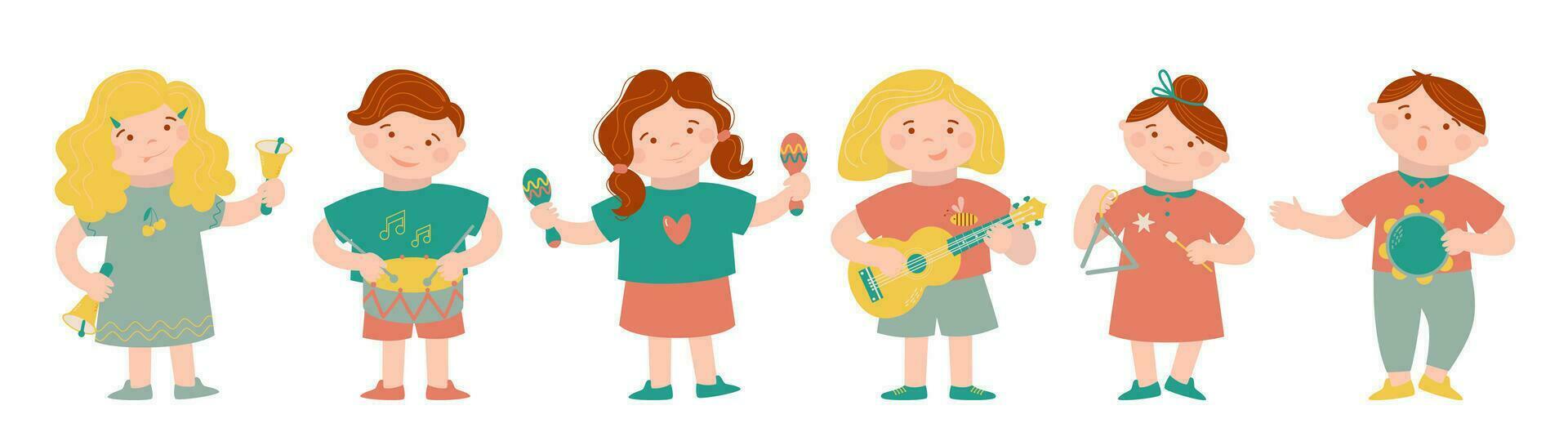 pequeño linda niños son jugando musical instrumentos como campana, pandereta, triángulo, guitarra, tambor y maracas música vector dibujos animados ilustración.