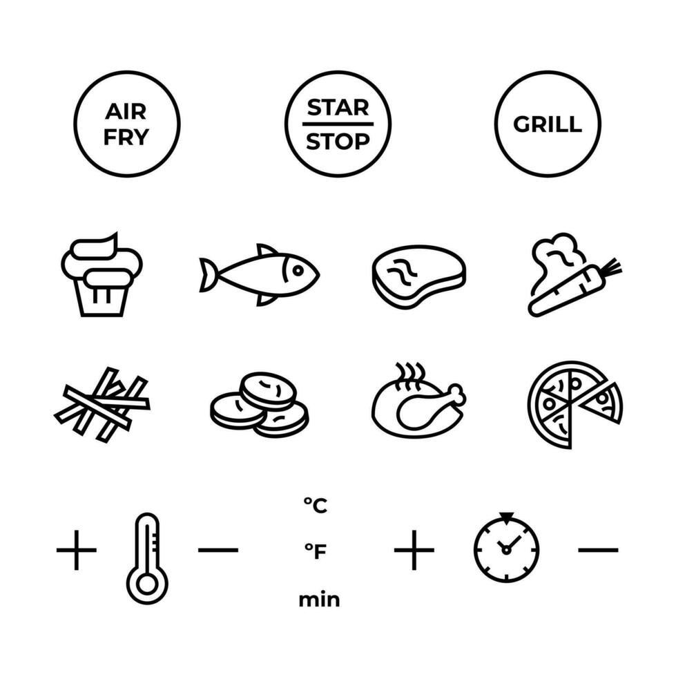 Simple icons set for Air Fryer panel. Technology display. Line vector