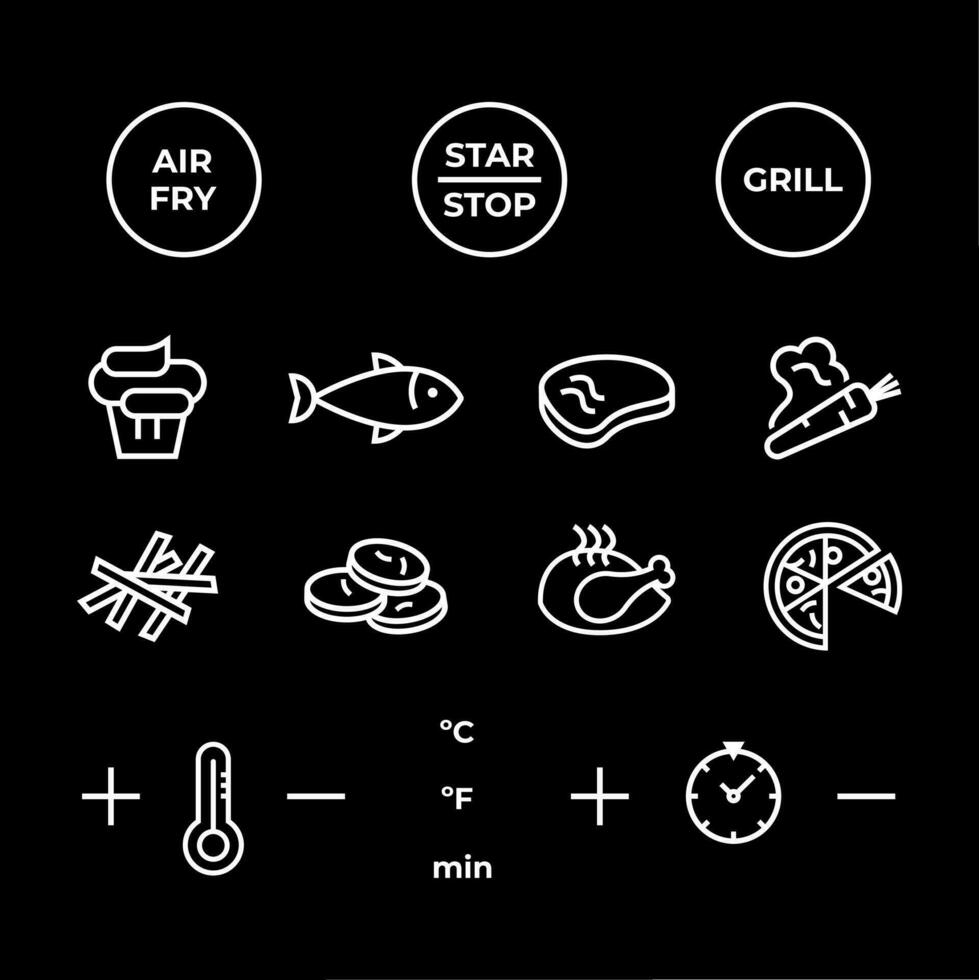 Simple icons set for Air Fryer panel. Technology display. Line vector