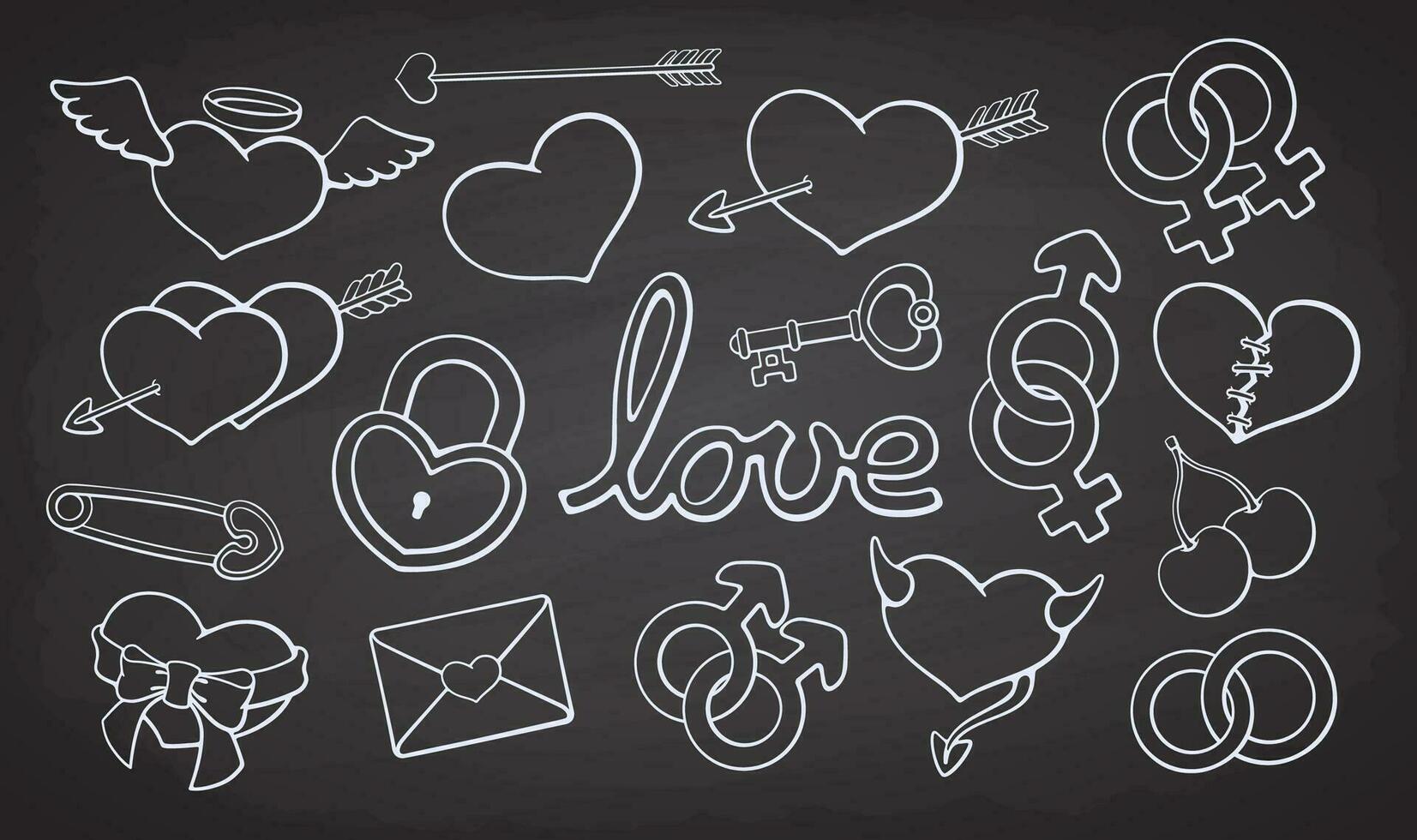 Collection of Hearts and Love Symbols. Valentines Day doodle Set. Vector Illustration. Hand drawn Outline Clip Art. Chalk Style Design Element Isolated on Chalkboard Background