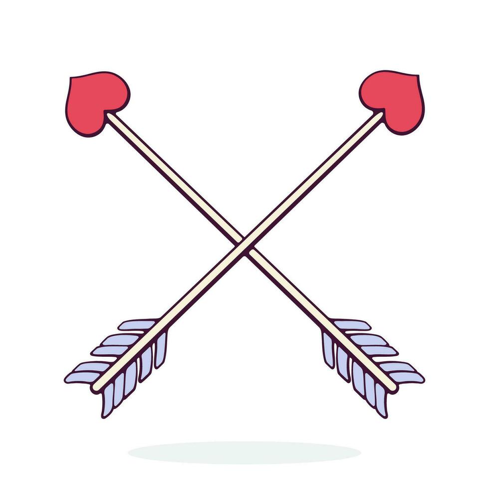 Two Crossed Cupid Arrows with Heart Shaped Tip. Valentines Day Symbol. Vector Illustration. Hand drawn Cartoon Clip Art with Outline. Design Element Isolated on White Background
