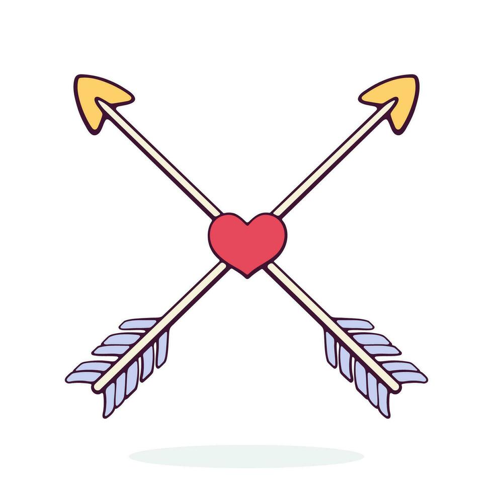 dos cruzado Cupido flechas con corazón en el medio. san valentin día símbolo. vector ilustración. mano dibujado dibujos animados acortar Arte con describir. diseño elemento aislado en blanco antecedentes