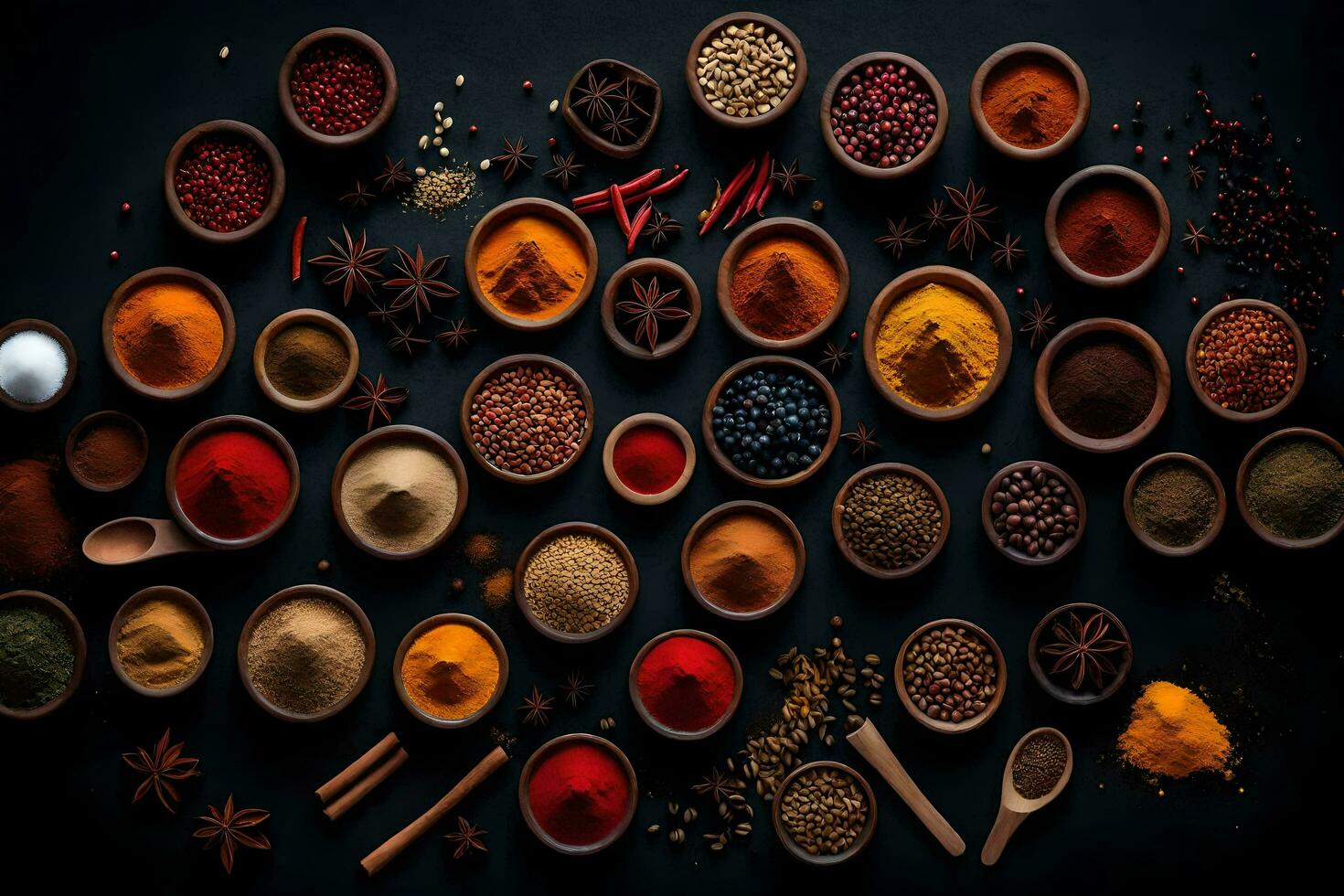 AI generated various spices and herbs in bowls on a black background photo