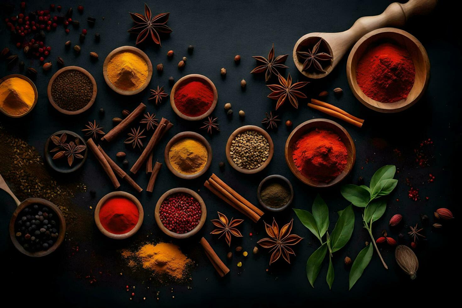 AI generated spices and herbs on a black background photo