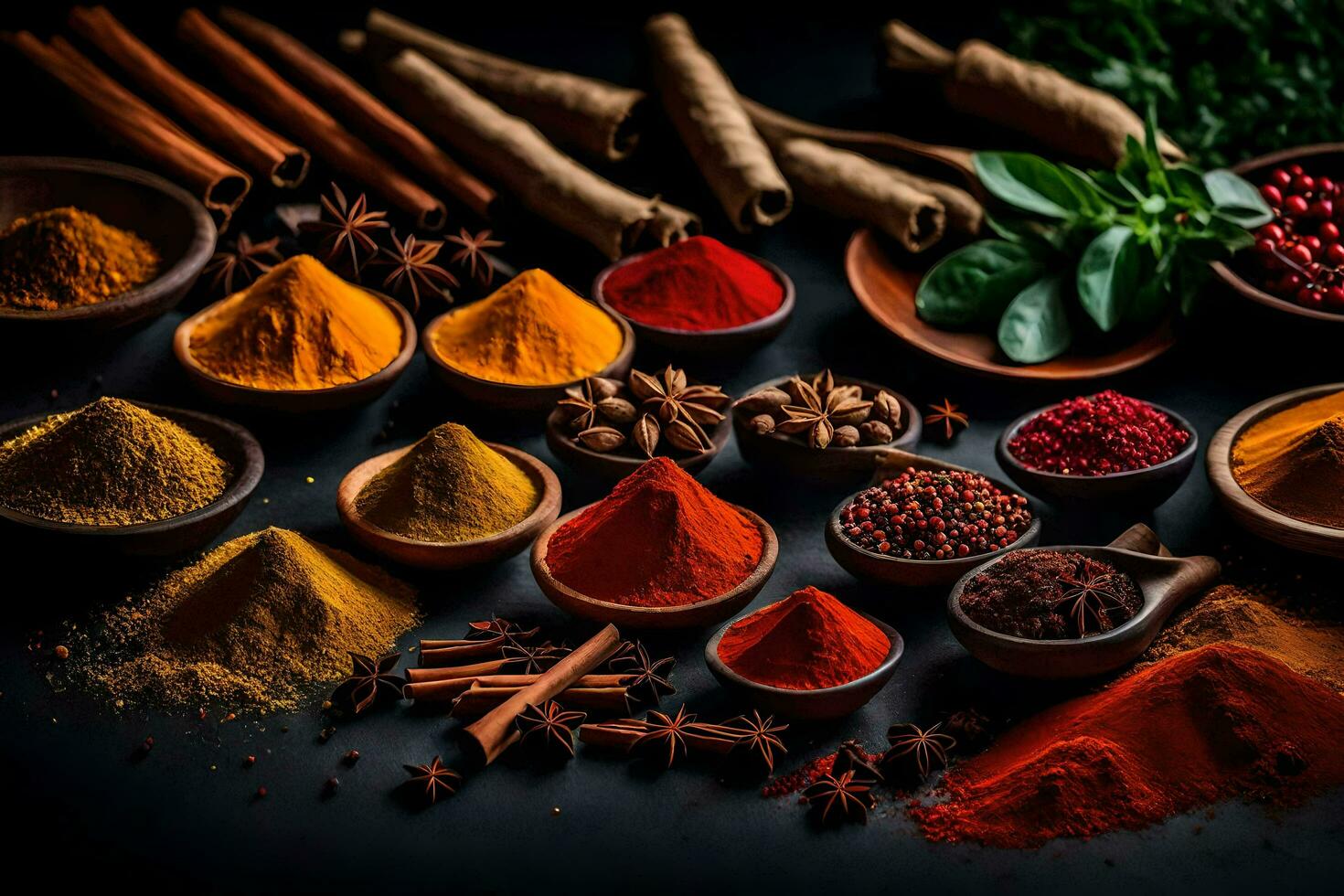 AI generated various spices and herbs are arranged in bowls photo