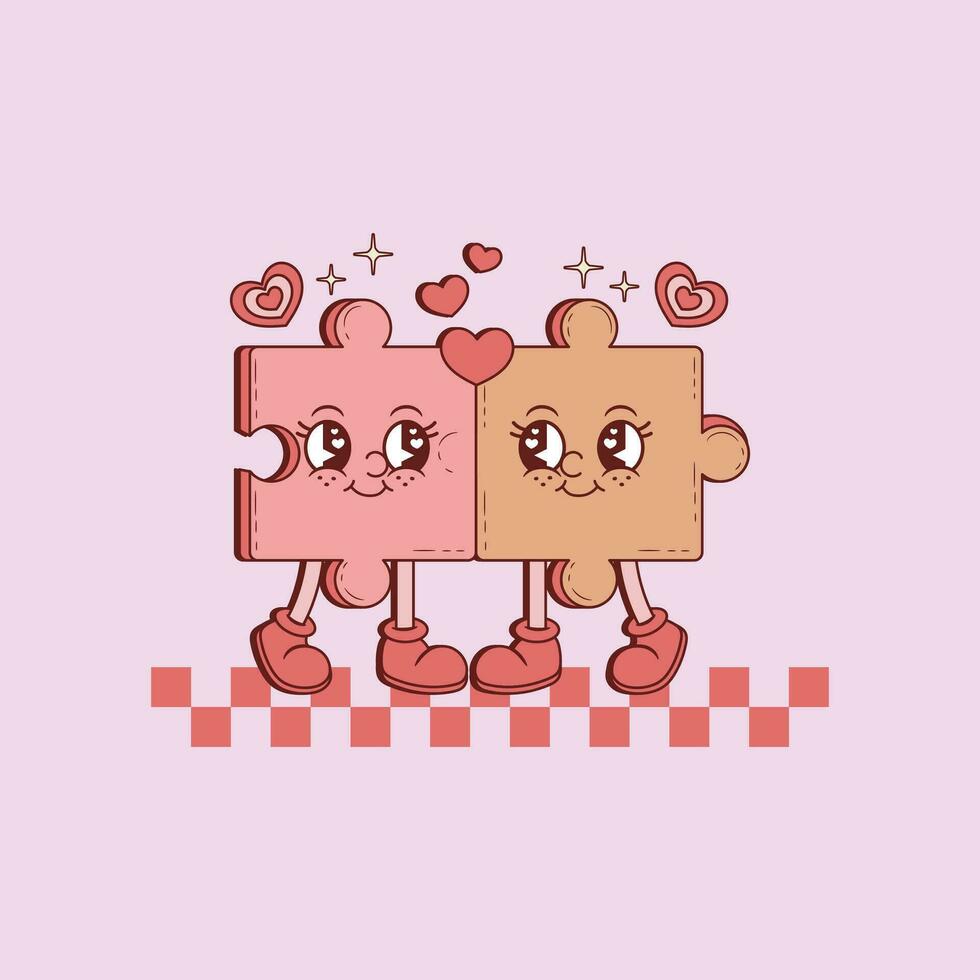 cute retro illustration of jigsaw puzzle pieces as characters for lovers vector