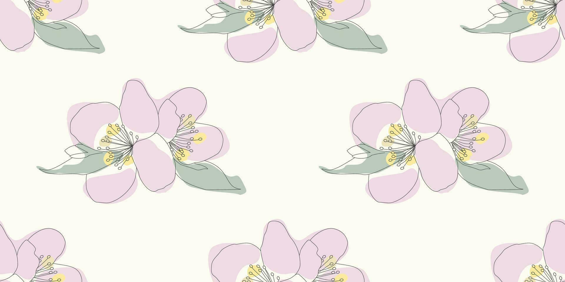 Line art Apple tree blossom, Vector seamless pattern. Endless Spring floral background, Wallpaper, Cover, Wrapping paper. Botanical color template for Print, Postcard, Fabric, Textile, Clothes design.