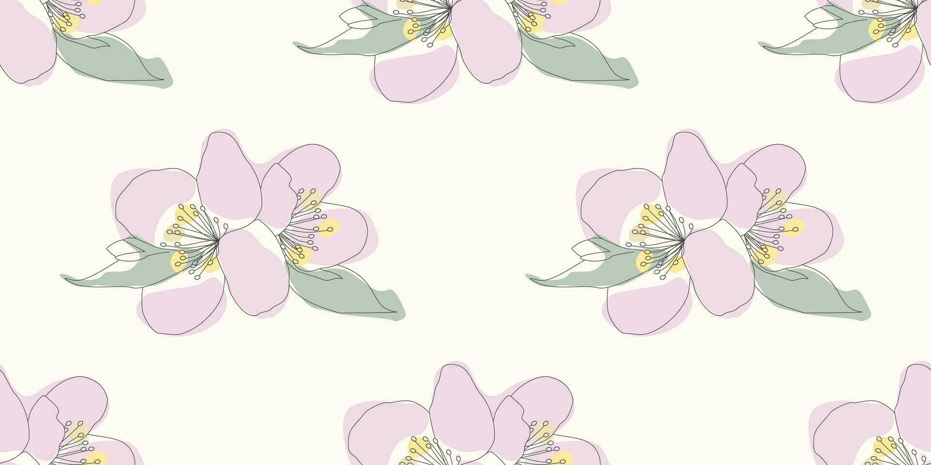 Line art Apple tree blossom, Vector seamless pattern. Endless Spring floral background, Wallpaper, Cover, Wrapping paper. Botanical color template for Print, Postcard, Fabric, Textile, Clothes design.