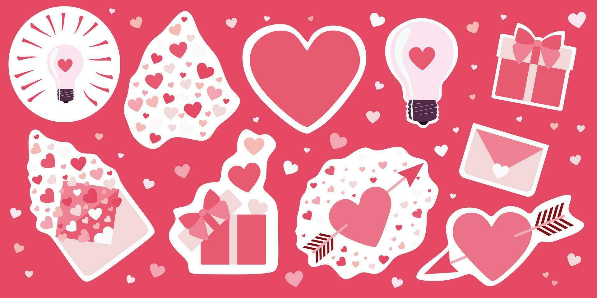 Valentines day Sticker pack Set. Vector Flat style Romantic Collection. Design Art for cards, posters, banners. Heart with Arrow, Gift box, Love letter, Envelope. February Romantic Celebration element