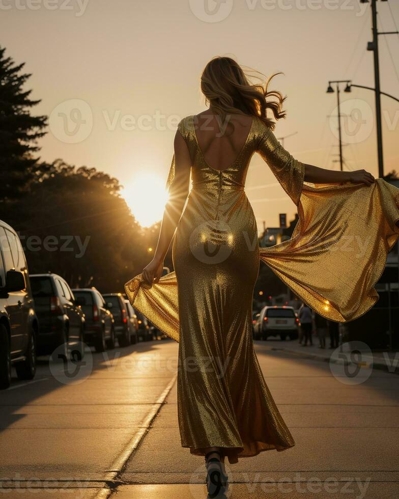 AI generated Beautiful young woman in a long yellow dress walking on the street at sunset. ai generative photo