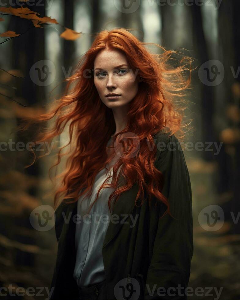 AI generated Beautiful redhead girl with long curly hair in a dark forest. ai generative photo