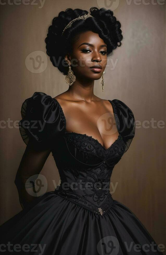 AI generated Beautiful african american woman wearing black dress and jewellery. ai generative. ai generative photo