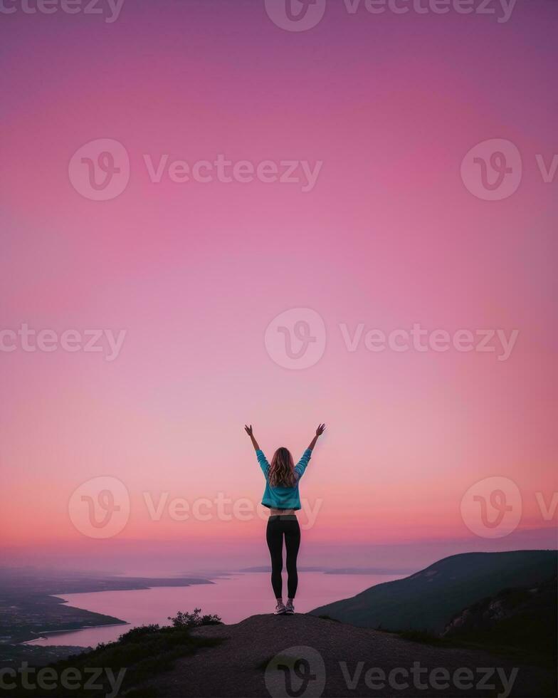 AI generated young woman hiker open arms on top of a mountain at sunrise. ai generative photo