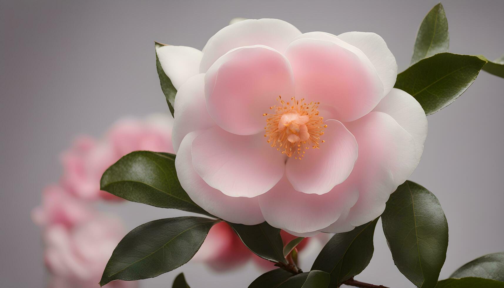 AI generated a pink flower with green leaves on a gray background photo