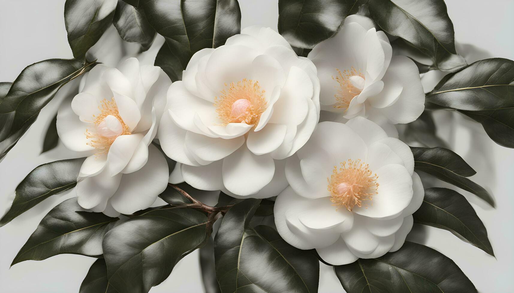 AI generated three white flowers are on a white background photo