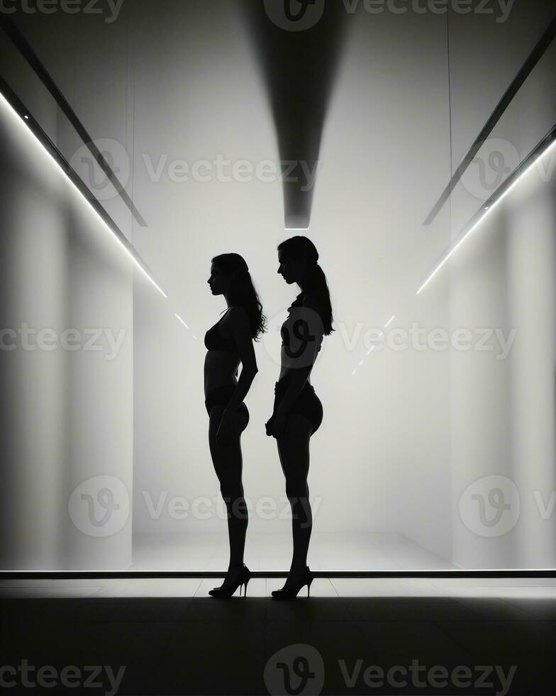 AI generated Silhouette of three women in black and white dresses, studio shot. ai generative photo