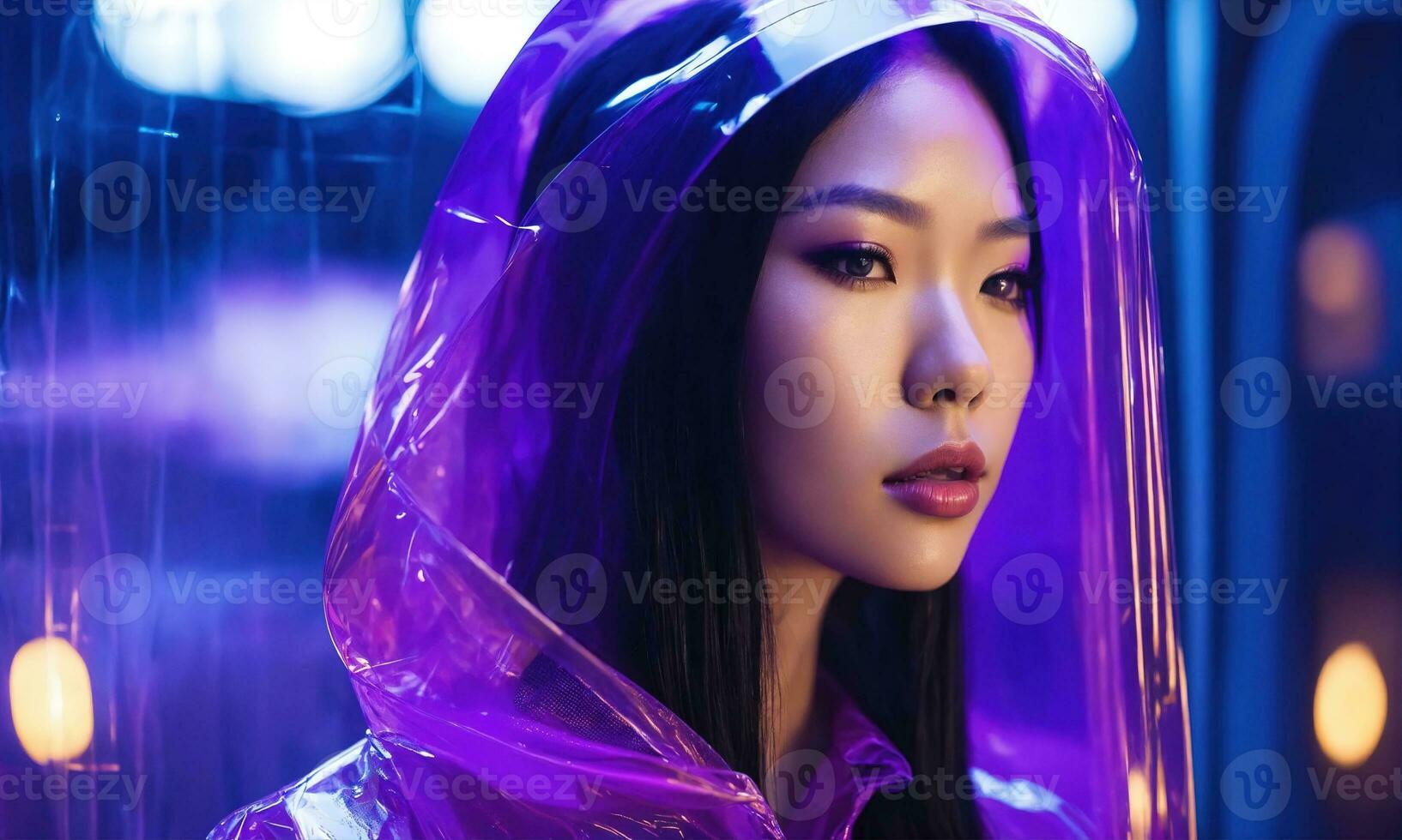 AI generated beautiful asian woman in purple raincoat walking in the city. ai generative photo