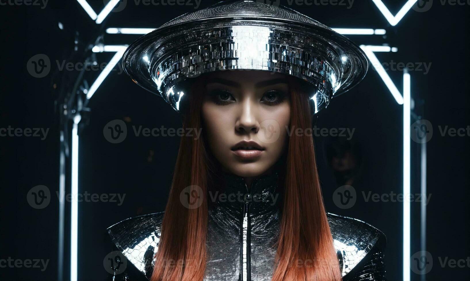 AI generated beautiful woman in hat and leather jacket looking at camera in city. ai generative photo