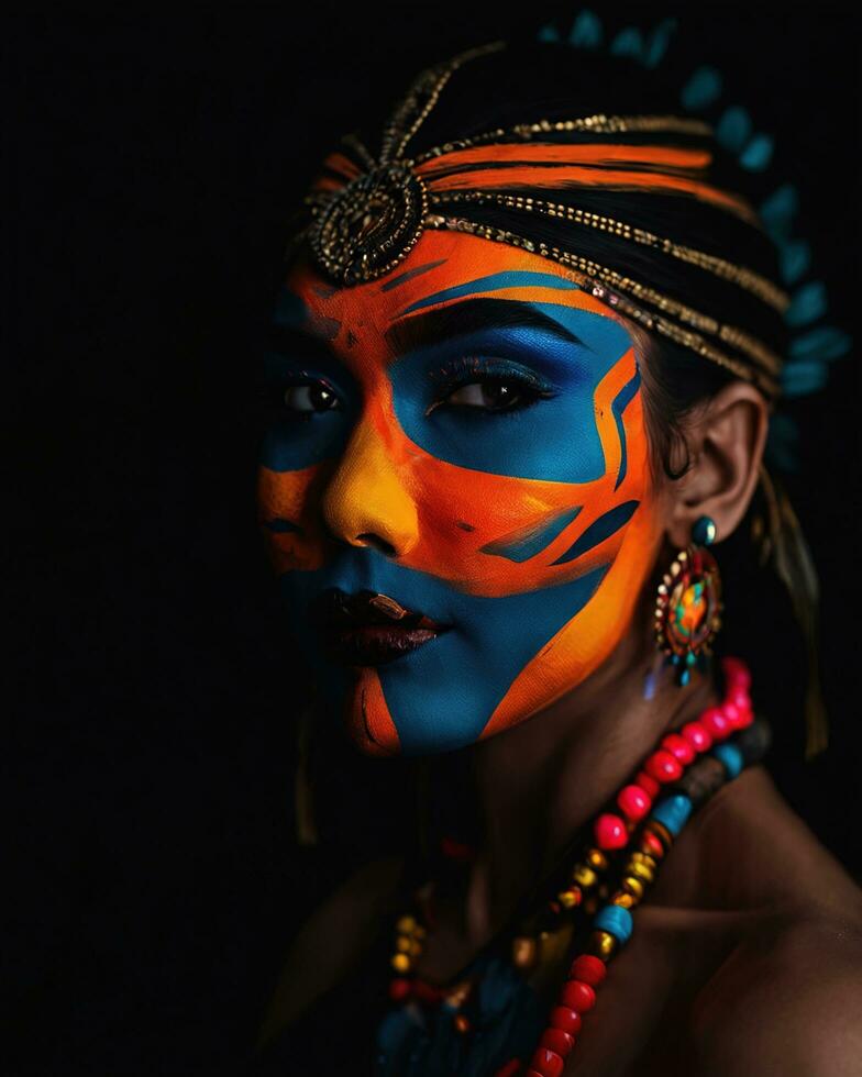 AI generated Portrait of a beautiful young woman with face art. Colorful make up. ai generative photo