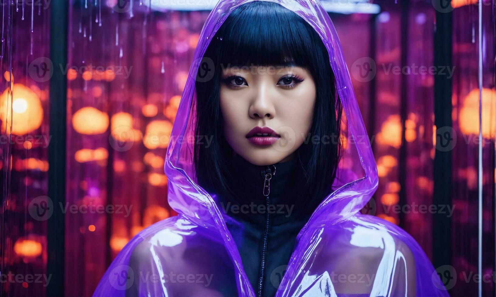 AI generated beautiful asian woman in purple raincoat walking in the city. ai generative photo