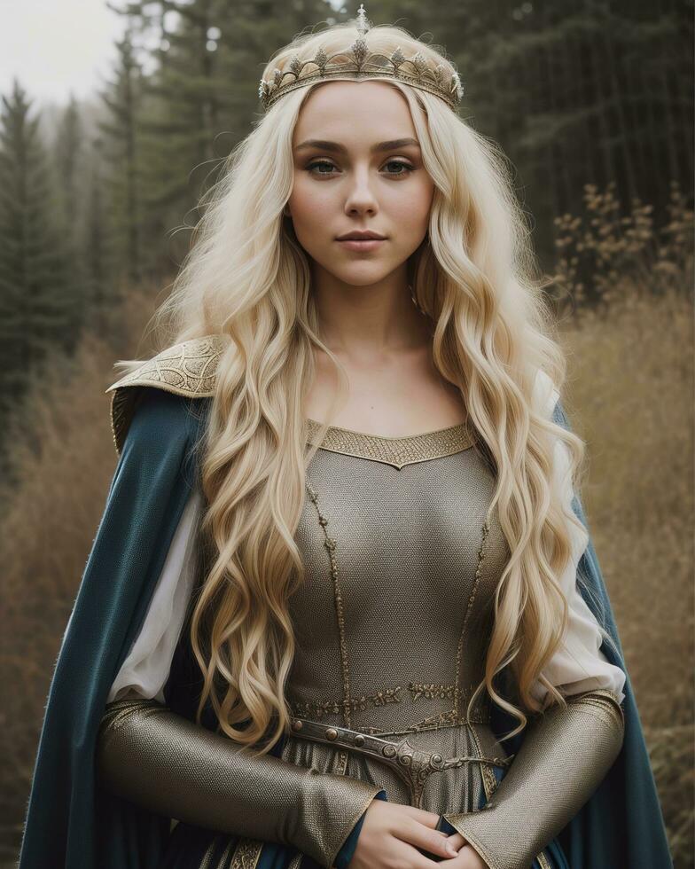 AI generated beautiful women in medieval dresses posing in front of a