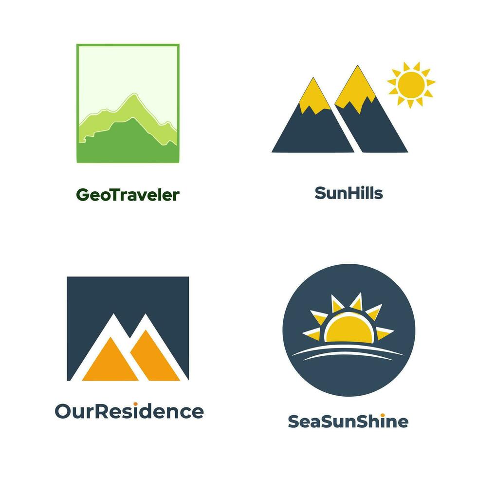 conjunto de montaña y paisaje iconos vector ilustración en plano estilo. logo paquete modelo diseño.