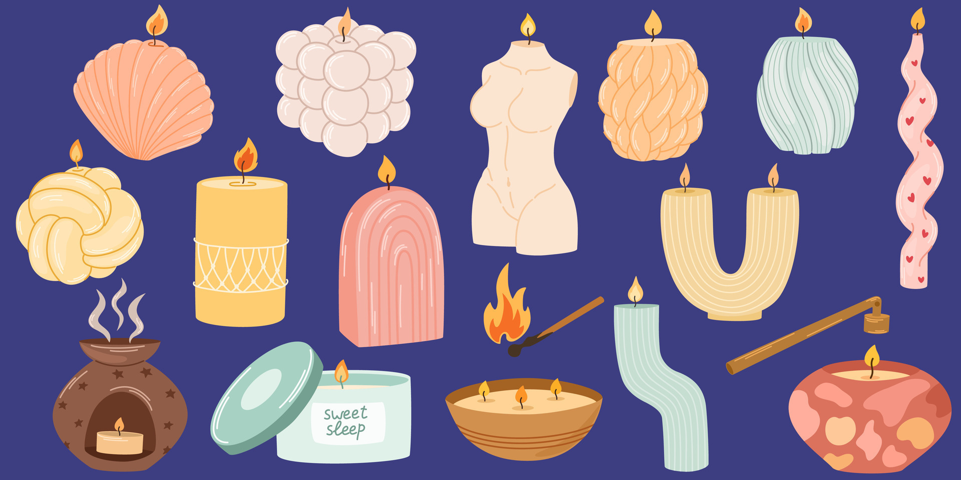 Various Candles. Pillar, jar candle, square, container candle