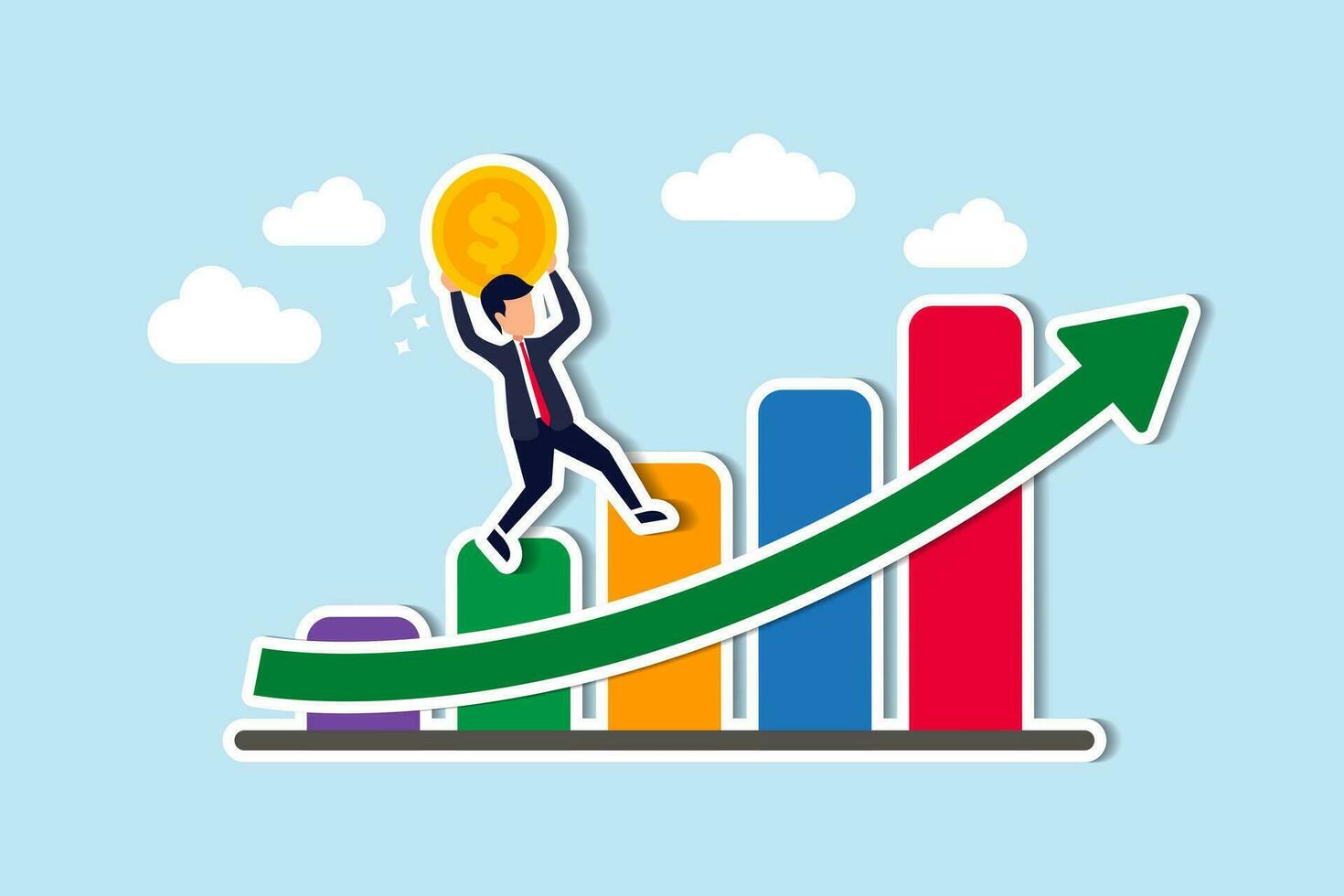 gráfico de inversión, ganancias o ganancias de la bolsa de valores o fondos mutuos, gestión de riqueza o concepto de crecimiento de activos, el hombre de negocios de confianza lleva una moneda de gran dólar que sube el gráfico financiero. vector