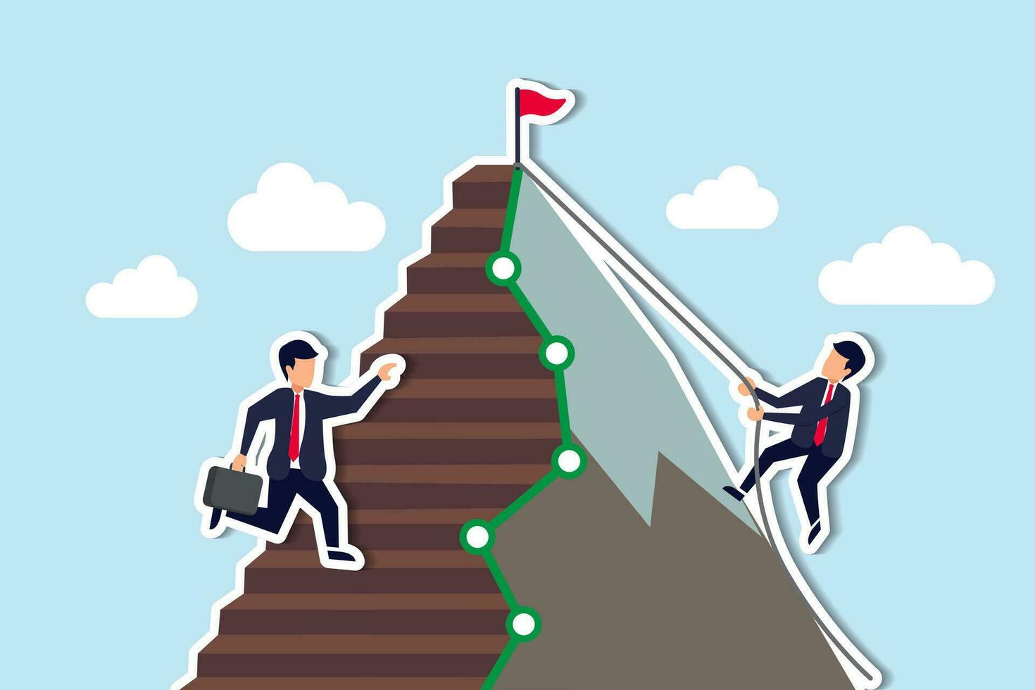 Easy and hard way to success, journey to achieve target or mission accomplish, choosing path to succeed, way to reach business goal concept, businessmen compete easy and hard way to climb mountain. vector