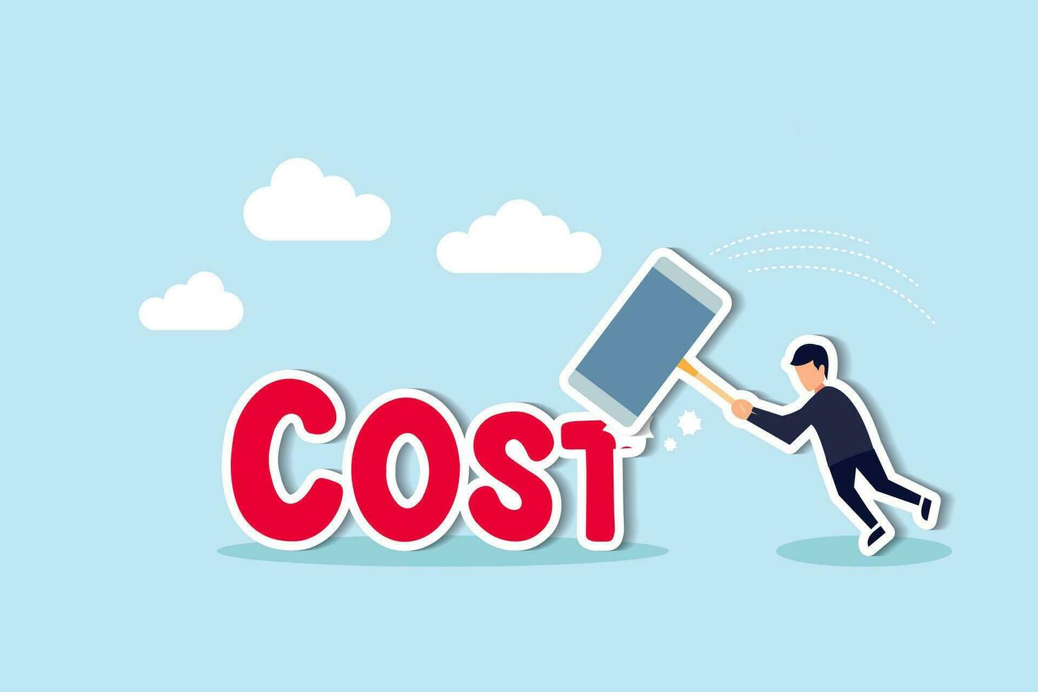 Cost reduction, business and company to keep cost low, cut spending or expense deduction in budget plan concept, businessman CFO reduce cost by hammer T alphabet nail on the word COST. vector