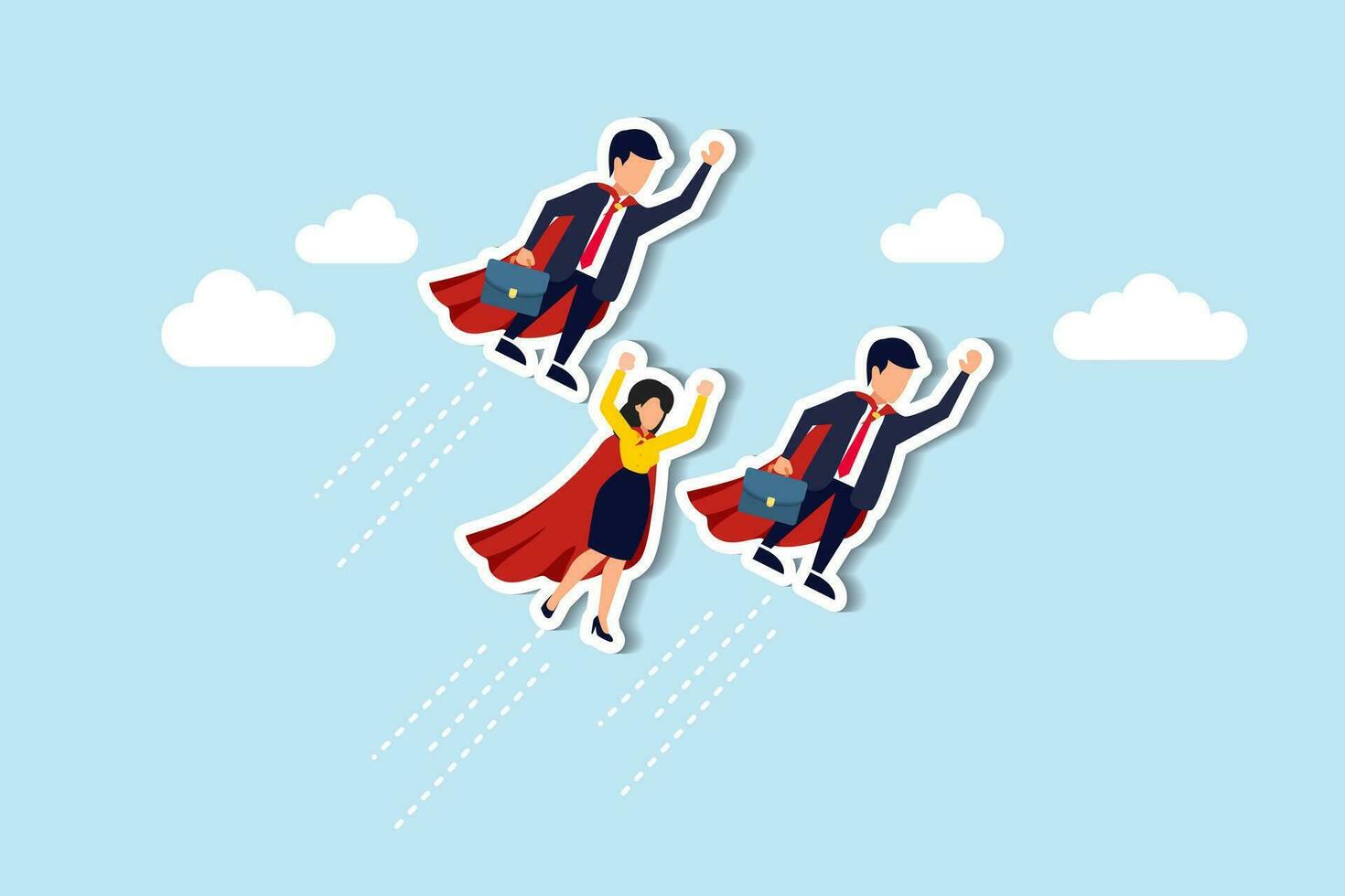 Professional people to help business success, teamwork or unity, super power to grow business fast, strength or team support concept, business people team members superhero flying high up in the sky. vector