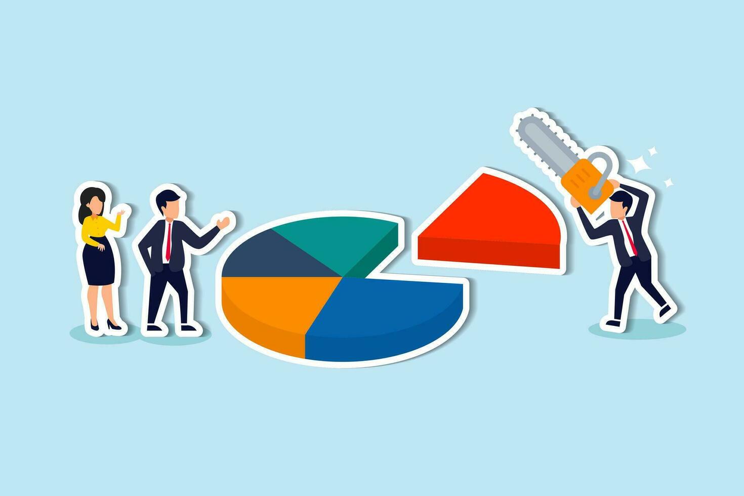 plan de pago de reparto de beneficios o ingresos, cuota de pago con otro empleado en gráfico circular porcentual, fórmula o distribución para calcular salarios, gente de negocios cortando gráfico circular por su parte pagada. vector