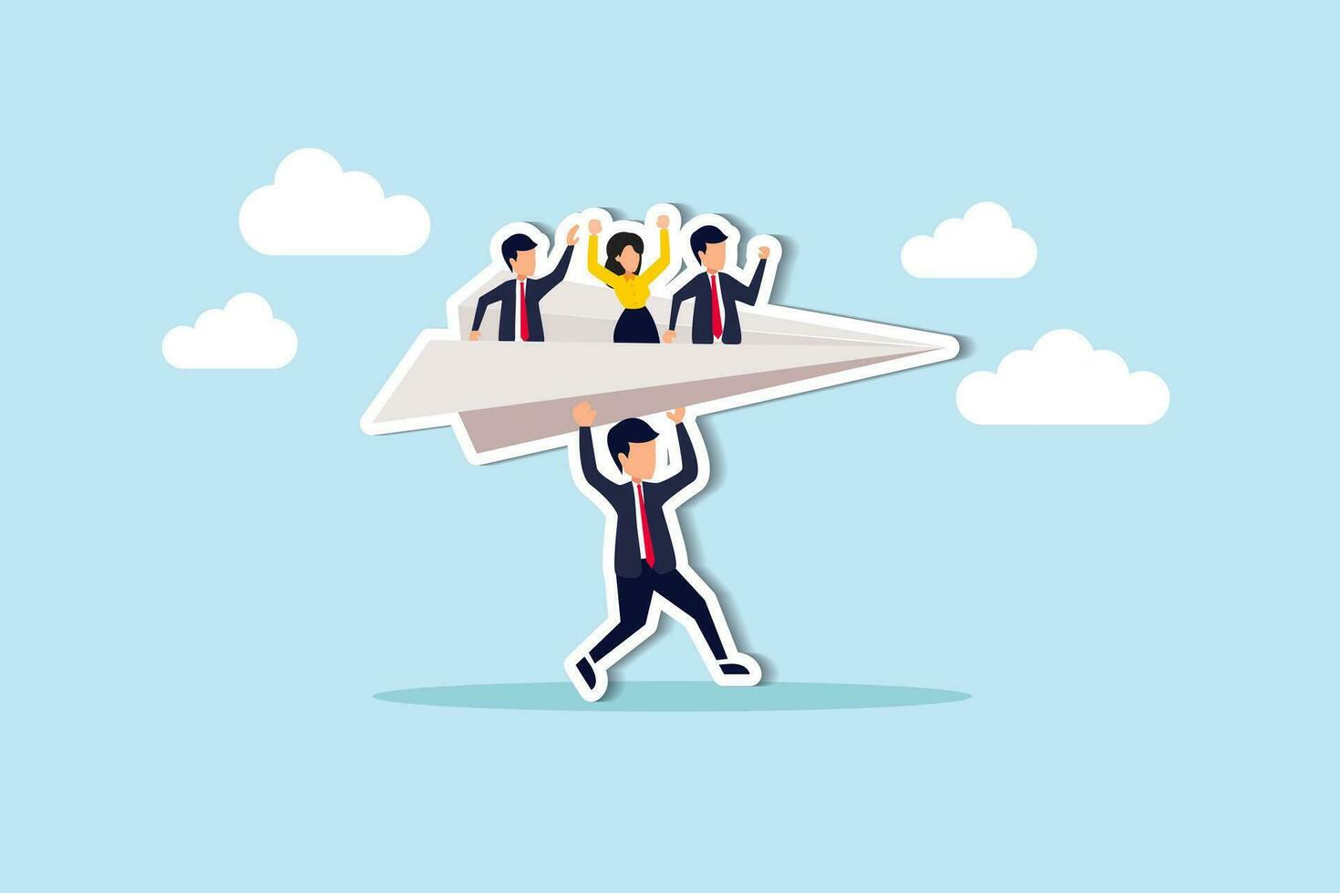 Mentor or support employee to success, manager to help or advice staff to reach goal, work coaching or adviser expert concept, businessman manager launching paper plane origami with team colleagues. vector