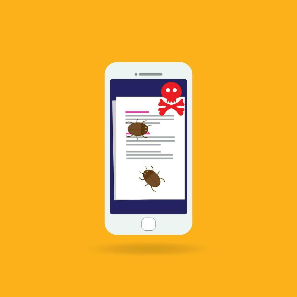 Malware notification on smartphone notice vector, flat mobile phone and skull bones bubble red alert, concept of spam data, fraud internet error message, insecure connection, online scam, virus. vector