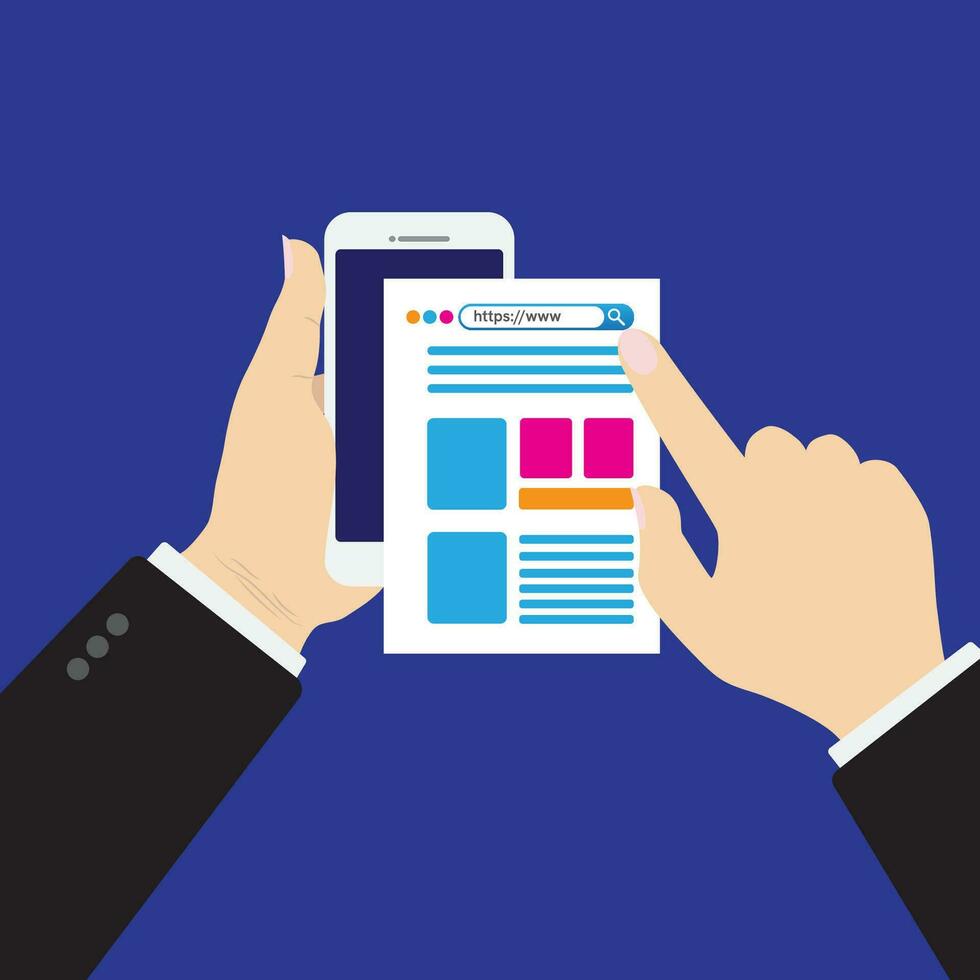 Mobile mass media online - conceptual illustration with smart phone in hands and newspaper - paper and digital variations - vector icon. Vector illustration.