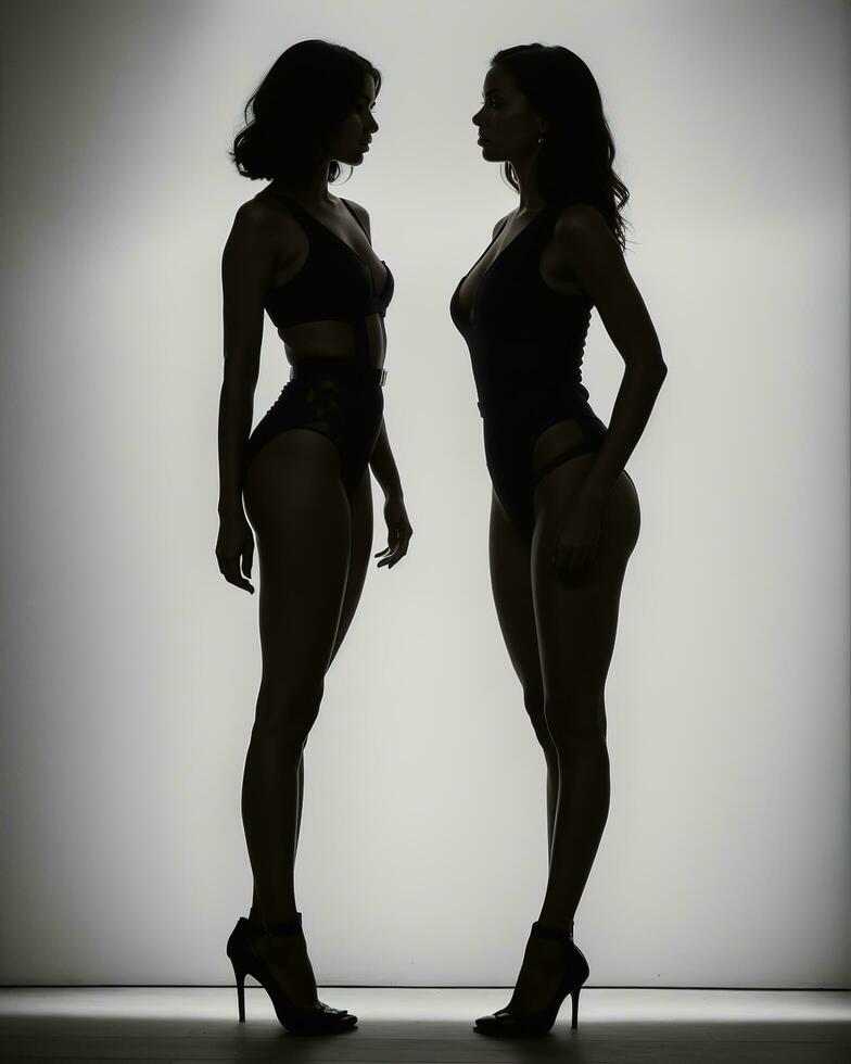 AI generated Silhouette of three women in black and white dresses, studio shot. ai generative photo