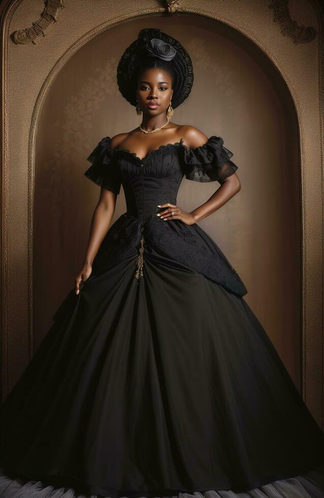 AI generated Beautiful african american woman wearing black dress and jewellery. ai generative. ai generative photo