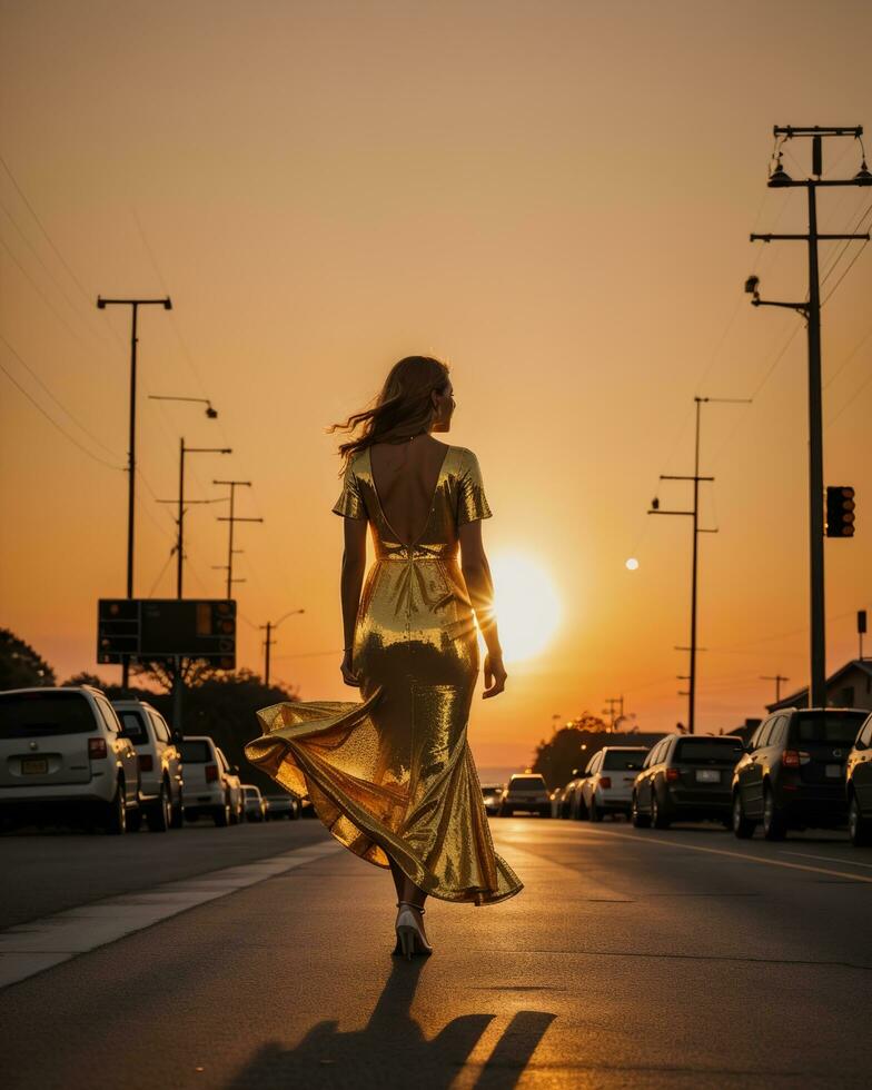 AI generated Beautiful young woman in a long yellow dress walking on the street at sunset. ai generative photo