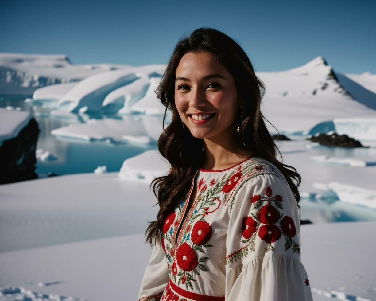 AI generated Portrait of a young woman smiling at camera in front of icebergs. ai generative photo