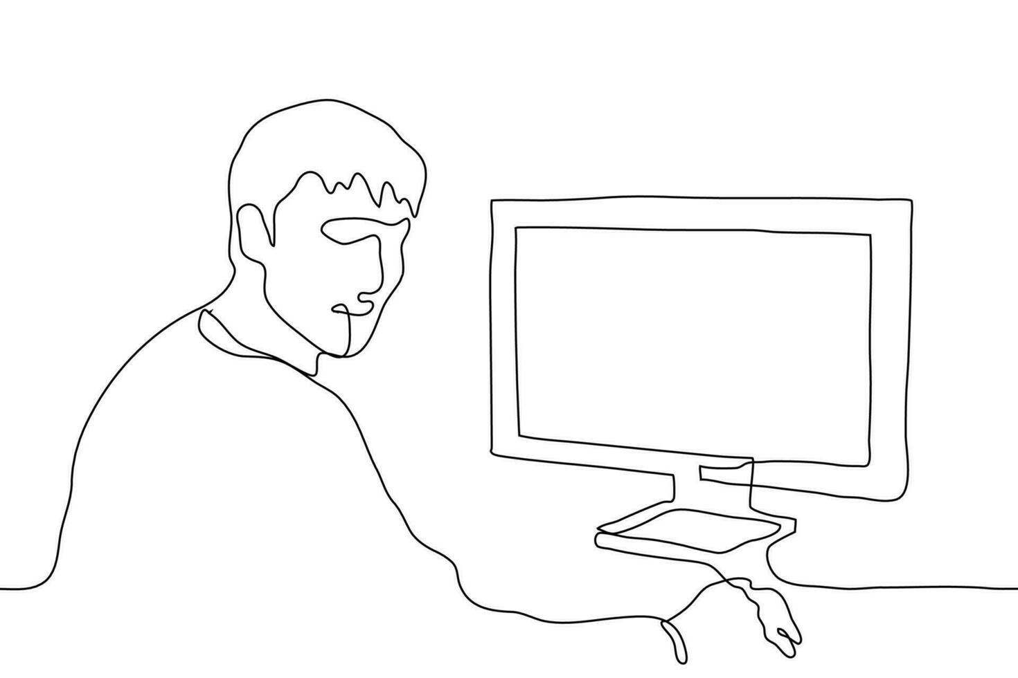 linear drawing of the profile of a worker at a desktop with a computer, a computer mouse in his right hand. The man turned and looks at the viewer. Continuous line drawing of a man at a computer vector