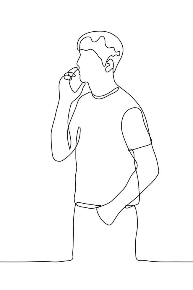 A man is standing talking on the phone. Vector illustration of one continuous line drawing of a man talking phone